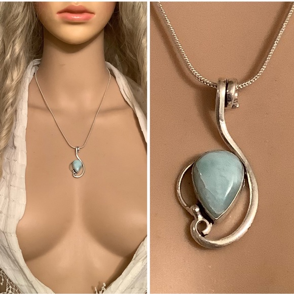 🌸 LARIMAR NECKLACE PENDANT OPAL DESIGN CRESCENT BOHO CHIC BOHEMIAN SILVER BLUE - Picture 6 of 8